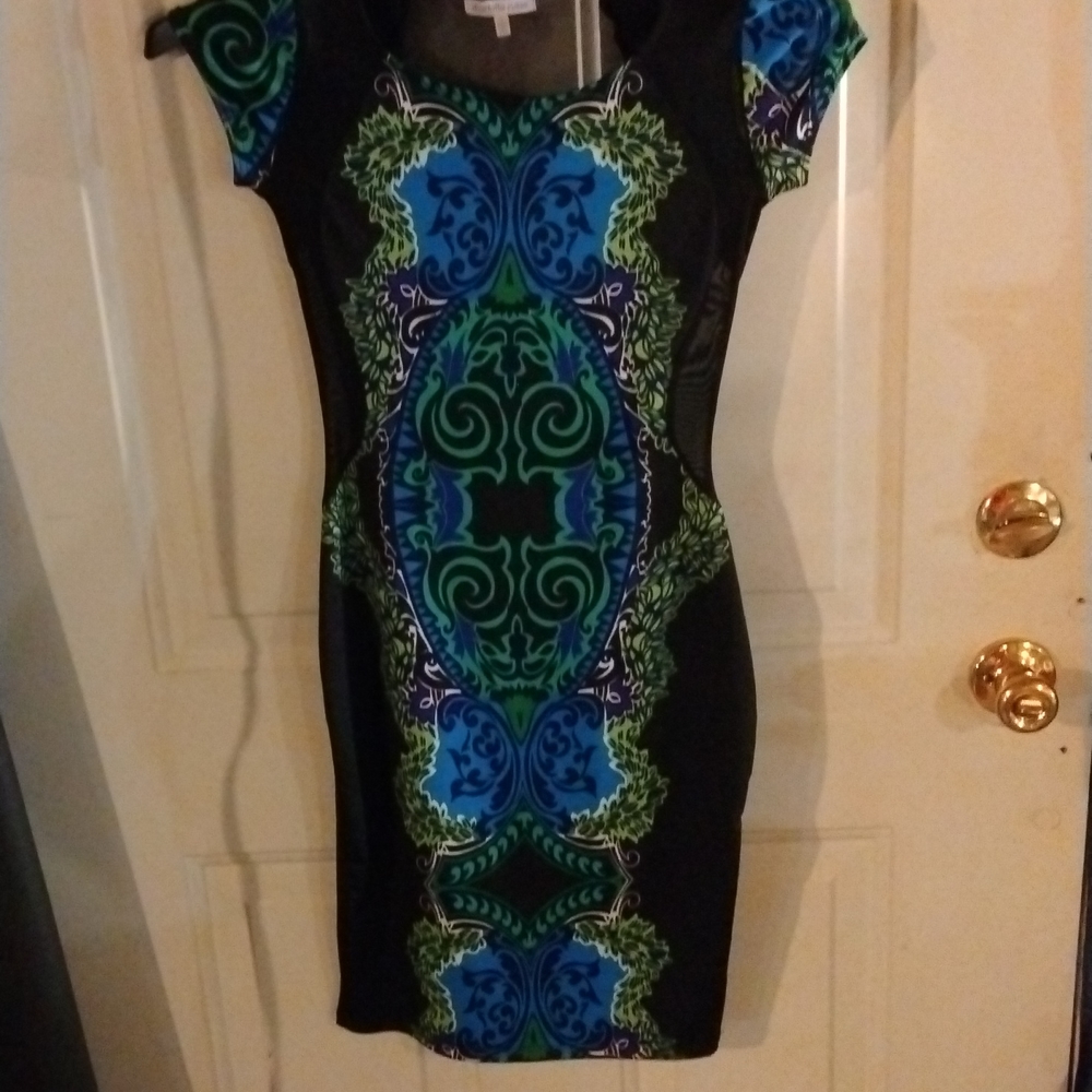 Black Mini dress with green/blue/white design